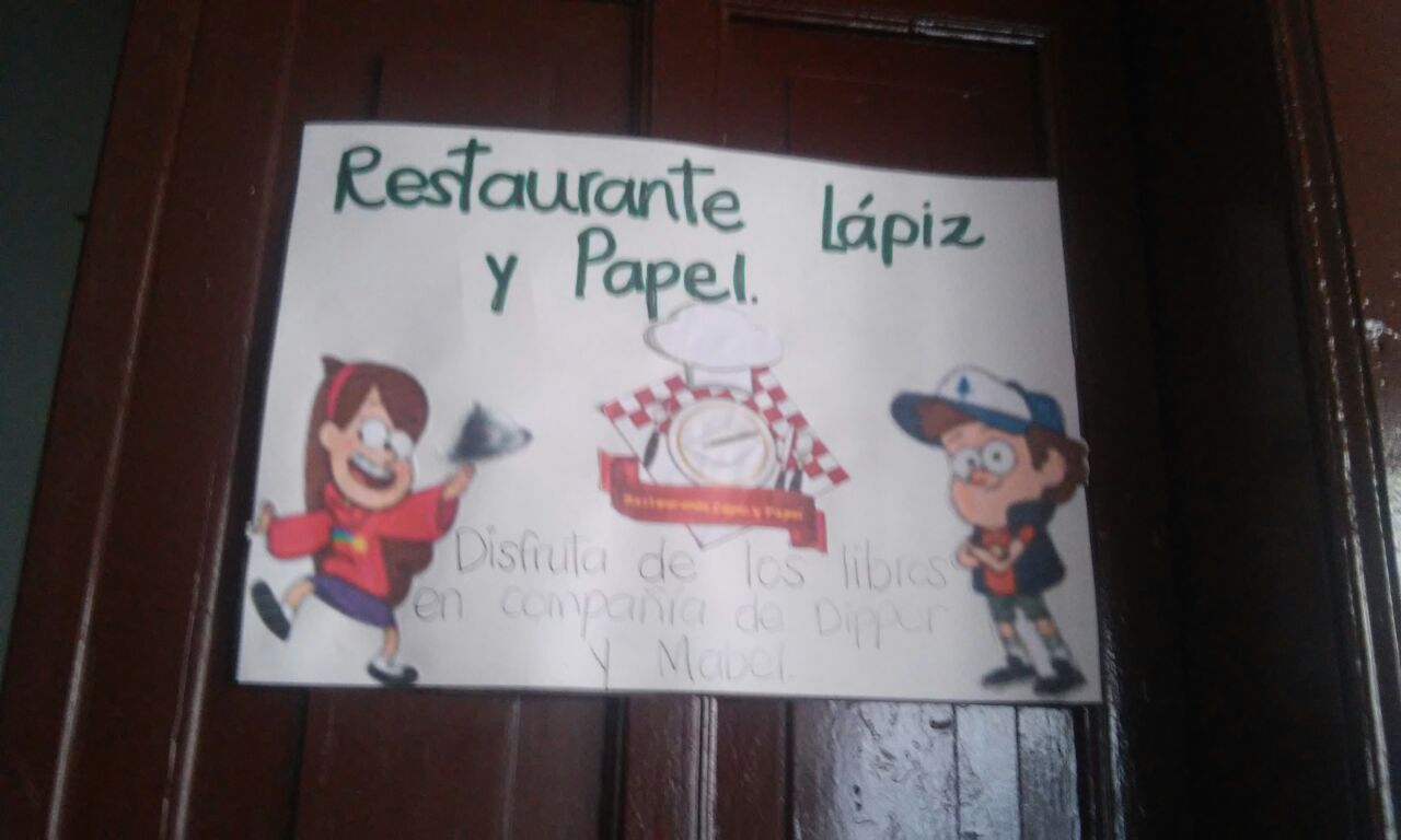 Cartel de entrada "Restaurante Lápiz y Papel"... "Disfruta de los libros en compañía de Dipper y Mabel"