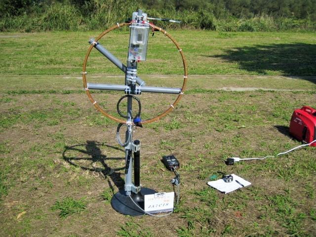 芝生上での直径Φ65cmMLAの各バンドごとのSWR値等測定状況