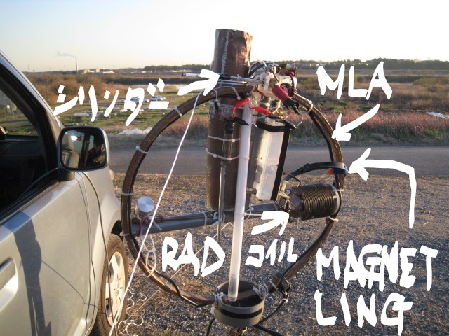 LOOP頂部電極間に水晶塊接続（高周波電圧上昇？・・・蛍光管の輝きが上昇）同軸線ケーブル三回巻きで給電/RADタンクコイルに帯MAGNET-LINGを貫通させMLA主LOOPにリンク