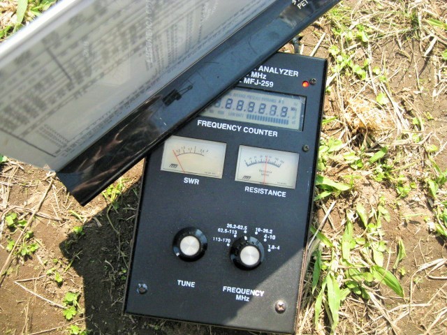 芝生上での直径Φ65cmMLAの各バンドごとのSWR値等測定状況の内アンテナアナライザーでの測定
