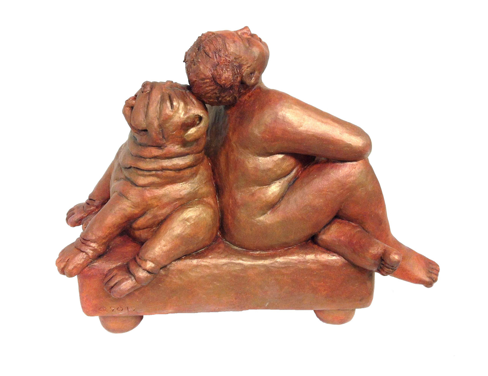 17  Frau mit Bulldogge  2012  49x22x38cm   Gips/Acryl patiniert   