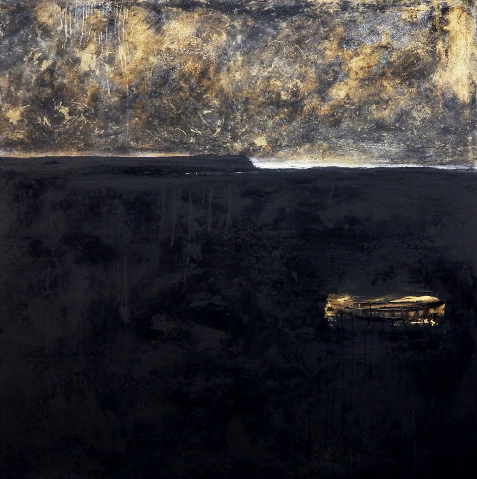 schwarzes gemaltes Bild mit Gold
