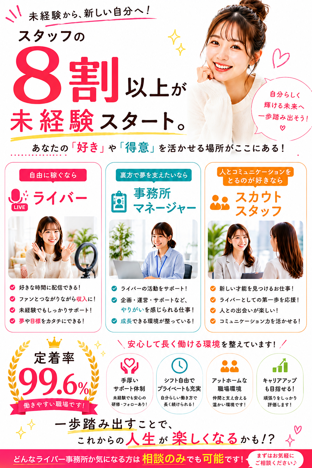 未経験者歓迎の北海道ライバー事務所Reversal＋。ライバー、事務所マネージャー、スカウトスタッフを募集。未経験スタート88%以上、定着率99.6%。