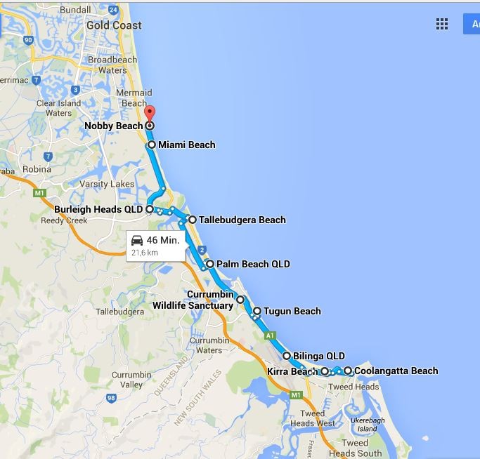 Schon witzig, wie die Strände in Surfers Paradise so heißen... (Quelle: Google Maps)