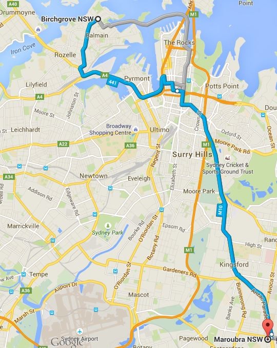Einmal quer durch Sydney - der erste Umzug steht an... (Quelle: Google Maps)