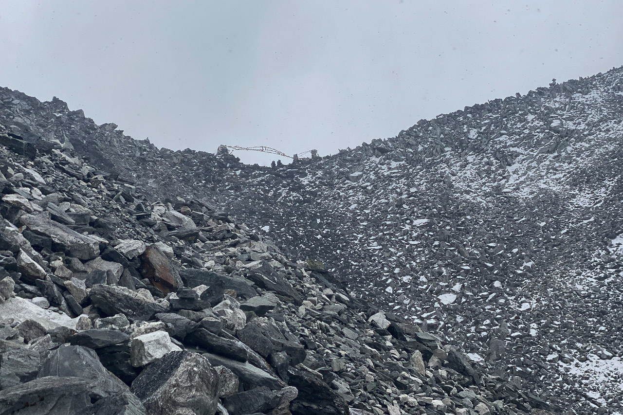 Die ersten Schneeflocken wirbeln auf der Passhöhe des Kongma La durch die Luft.