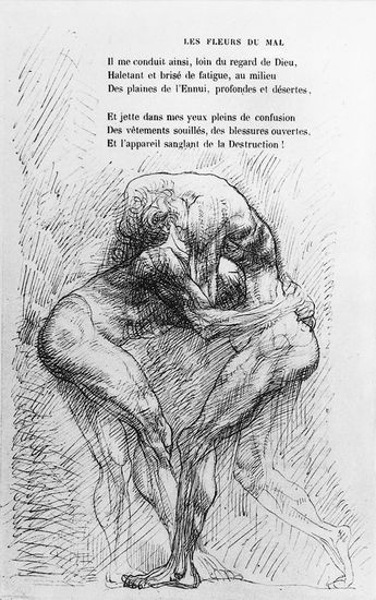 Auguste Rodin, illustration pour les Fleurs du mal de Baudelaire  Illustration d'Auguste Rodin pour une édition de 1918 des Fleurs du mal de Charles Baudelaire.  Ph. Coll. Archives Larbor