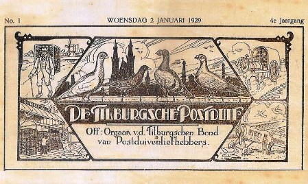 Uit een duivenblad van 1929. De verschillende vormen van vervoer zijn in de hoeken afgebeeld. Van dat vliegtuig kwam natuurlijk niets terecht...