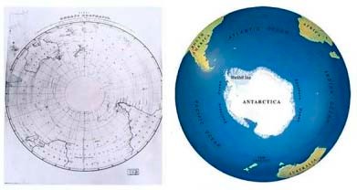 Izquierda: Ya que la Antártida no fue “descubierta” por la moderna civilización hasta 1820 no es de sorprender que este mapa del siglo 19 muestra un espacio vacío donde ahora sabemos donde la Antartida esta. Derecha: Antártida como aparece hoy en día
