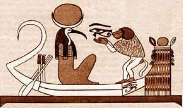 Ilustración que muestra a Thot con cabeza de ibis viajando en un bote junto con un babuino.  