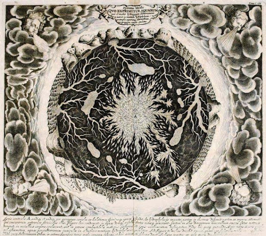 Un diagrama del centro de la Tierra como una gigantesca bola de fuego del libro 'Mundo Subterráneo' del años de 1678.