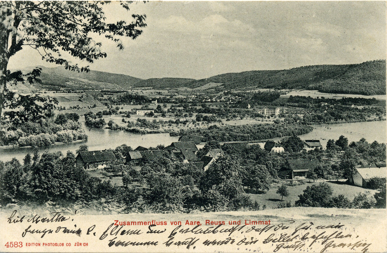 um 1900 - Postkarte Lauffohr vom Brugger Berg her gesehen (Quelle: Sammlung Titus J. Meier, Brugg)