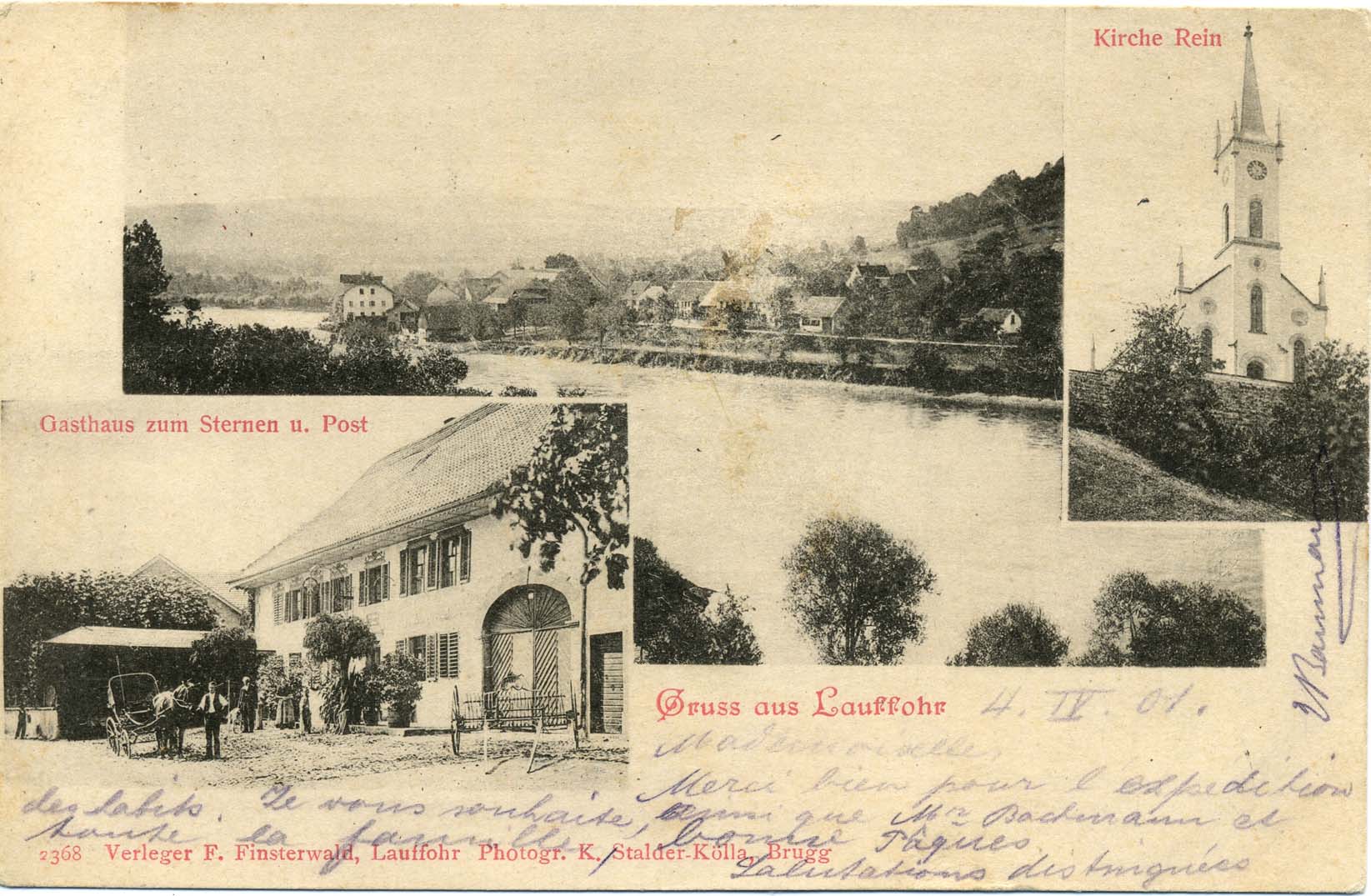 um 1900 - Postkarte Lauffohr vom Stroppel her gesehen, alte Post, Kirche Rein (Quelle: Sammlung Titus J. Meier, Brugg)