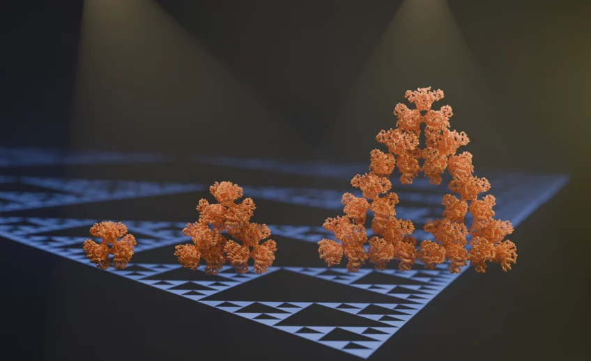 Ein mikrobielles Enzym – die Citrat-Synthase eines Cyanobakteriums – bildet spontan ein regelmäßiges fraktales Muster, das sogenannte Sierpinski-Dreieck. © MPI f. terrestrische Mikrobiologie/ Hochberg 