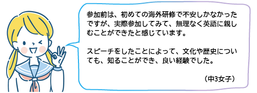 参加前は、初めての海外研修で不安しかなかったですが、実際参加してみて、無理なく英語に親しむことができたと感じています。スピーチをしたことによって、文化や歴史についても、知ることができ、良い経験でした。（中3女子）