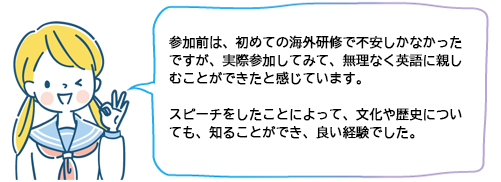 参加前は、初めての海外研修で不安しかなかったですが、実際参加してみて、無理なく英語に親しむことができたと感じています。スピーチをしたことによって、文化や歴史についても、知ることができ、良い経験でした。
