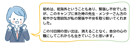 初めは、初海外ということもあり、緊張し不安でしたが、このキャンプに来た時の先生・メンターさん方の和やかな雰囲気が私の緊張や不安を取り除いてくれました。 この10日間の思い出は、消えることなく、自分の心の糧にしてこれからも生きていこうと思います。
