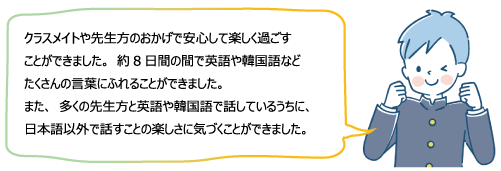 クラスメイトや先生方のおかげで安心して楽しく過ごすことができました。約8日間の間で英語や韓国語などたくさんの言葉にふれることができました。 また、多くの先生方と英語や韓国語で話しているうちに、日本語以外で話すことの楽しさに気づくことができました。