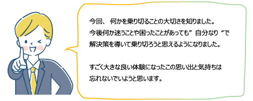 今回、何かを乗り切ることの大切さを知りました。今後何か迷うことや困ったことがあっても”自分なり“で解決策を導いて乗り切ろうと思えるようになりました。すごく大きな良い体験になったこの思い出と気持ちは忘れないでいようと思います。