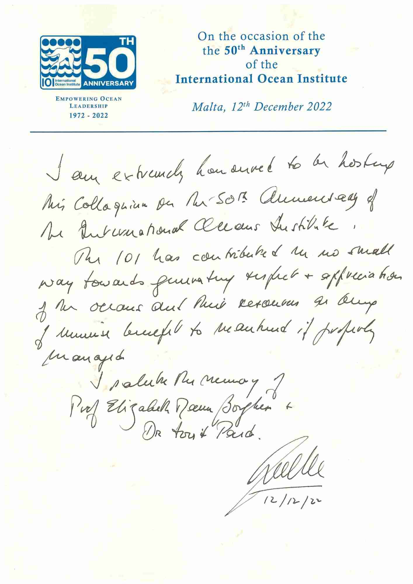 H.E. George Vella Appreciation Note 