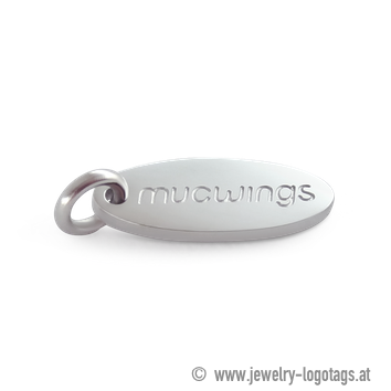 Jewelry logo tag metal, silver with engraved logo.