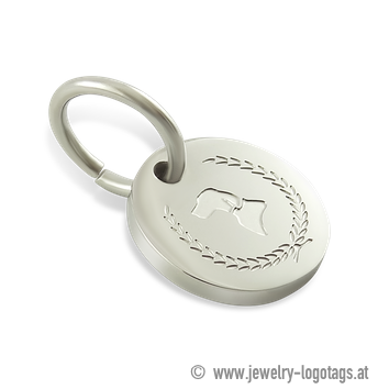 Metal tag with engraved logo, round, silver for dog leashes.