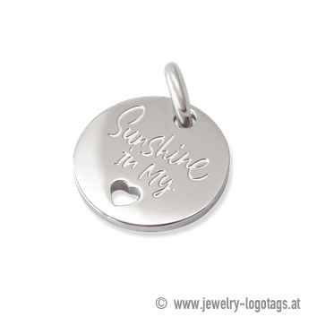 Round logo tag shiny silver, individual logo engraved.