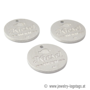 Personalized jewelry logo tag matt silver, metal, round.