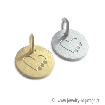 Round logo tag matt silver, gold for branding.