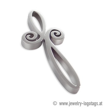 Personalized logo tag stainless steel, silver, cut out.