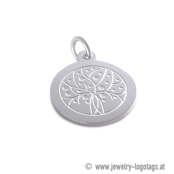 Customized round logo tag, silver for jewellery.