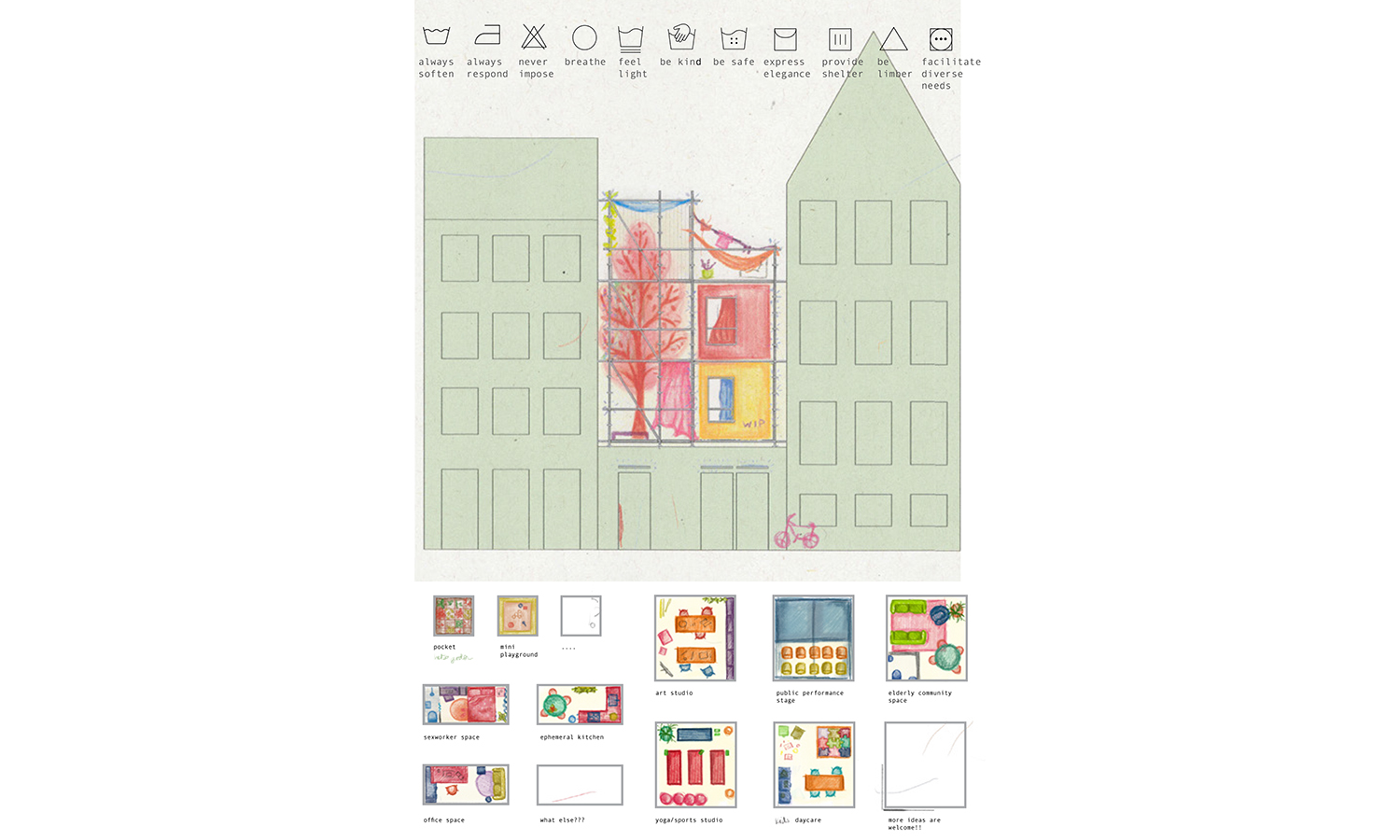 Studio Anna Torres en Studio Ventura kwamen met steigerconstructies en ‘hangende cocons’ om nieuw gebruik te testen, zoals openbare toiletten, kinderopvang, sekswerkruimtes of buurtkeukens.
