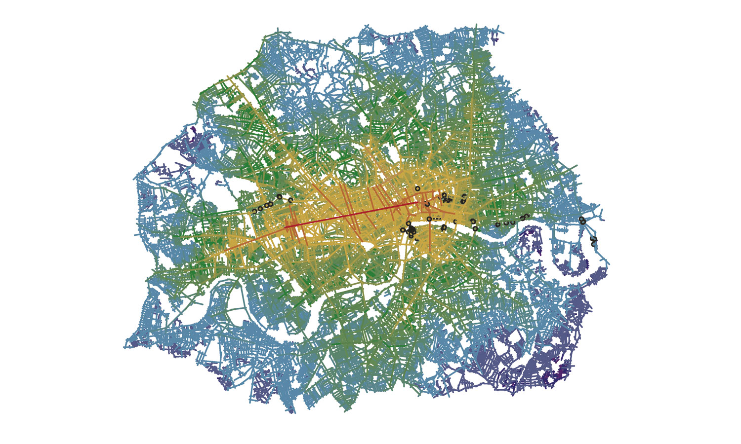 <b>Londen – Space Syntax</b> De methode space syntax analyseert de structuur van een stad – bijvoorbeeld om te kunnen bepalen waar een winkelcentrum succesvol kan zijn, of waar beter woningen kunnen komen. Een kaart om aan te rekenen. (2/2004)