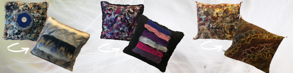 coussins une face tissus upcyclés et l'autre face en laine feutrée