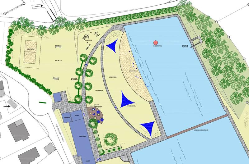 Projektskizze zur Neugestaltung eines großen Sandstrandes im Freibad in Müsen unmittelbar im Anschluss an die Wasserfläche
