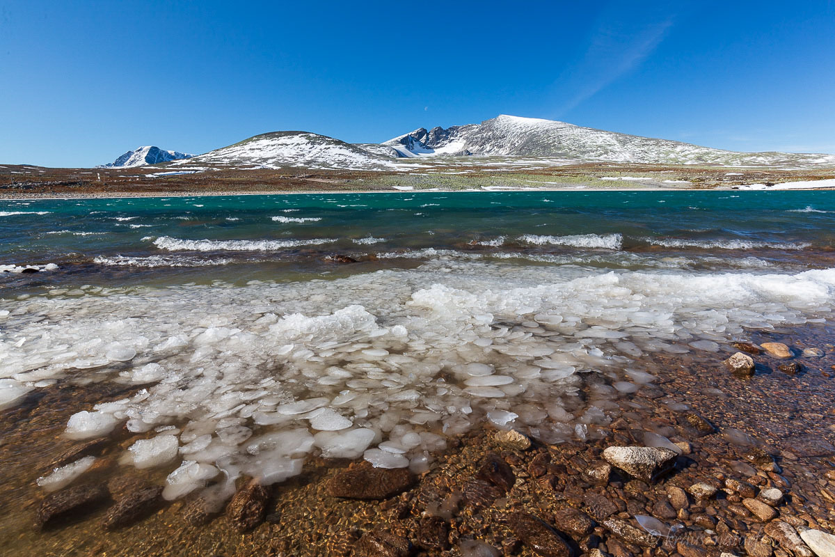 Eis auf einem See am Snøheim, Dovrefjell Nationalpark