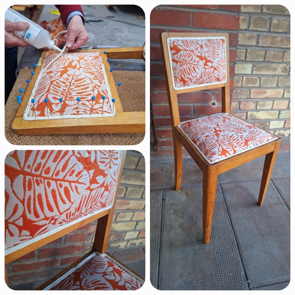 Rénovation d'une chaise en cours de tapisserie. 