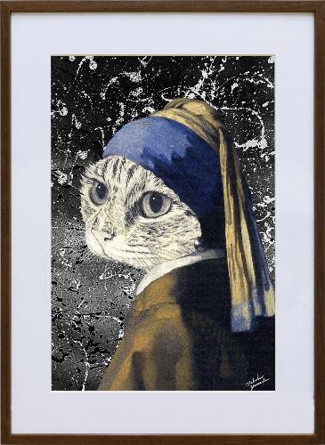 油絵　オリジナル　猫　パロディ　フェルメール フェルメール猫 2025 [ edition of 100 ] 10x10cm | フェルメール猫