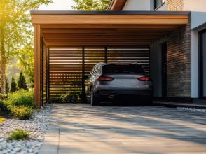 Moderner Holzcarport mit Lamellen-Sichtschutz und Flachdach, fachgerecht montiert in Dresden, integriert in zeitgemäße Architektur.