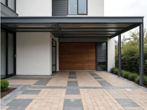 Moderner Metallcarport mit Flachdach, fachgerecht montiert in Dresden, mit klarer Linienführung und gepflasterter Einfahrt.