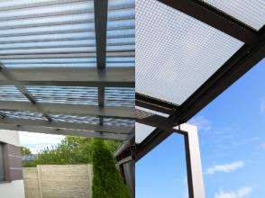 Detailansichten verschiedener Carport-Dacheindeckungen wie Trapezblech und lichtdurchlässige Elemente, fachgerecht montiert.