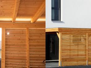 Holzcarport mit integrierten Lamellen-Sichtschutzelementen und Unterkonstruktion, fachgerecht montiert in Dresden als funktionaler Carport-Anbau.