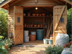 Holz-Gerätehaus mit Doppeltür und Regalsystem zur Aufbewahrung von Gartengeräten, fachgerecht montiert in Dresden als praktische Gartenhauslösung.