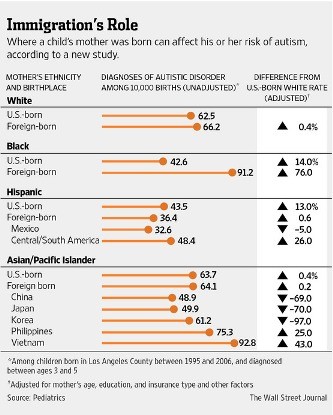 母親の人種・出身地と自閉症の子供の数(中央・調整前、1万人あたりの人数)と米国生まれの白人の母親と比較した場合の割合の差(右端・調整後)