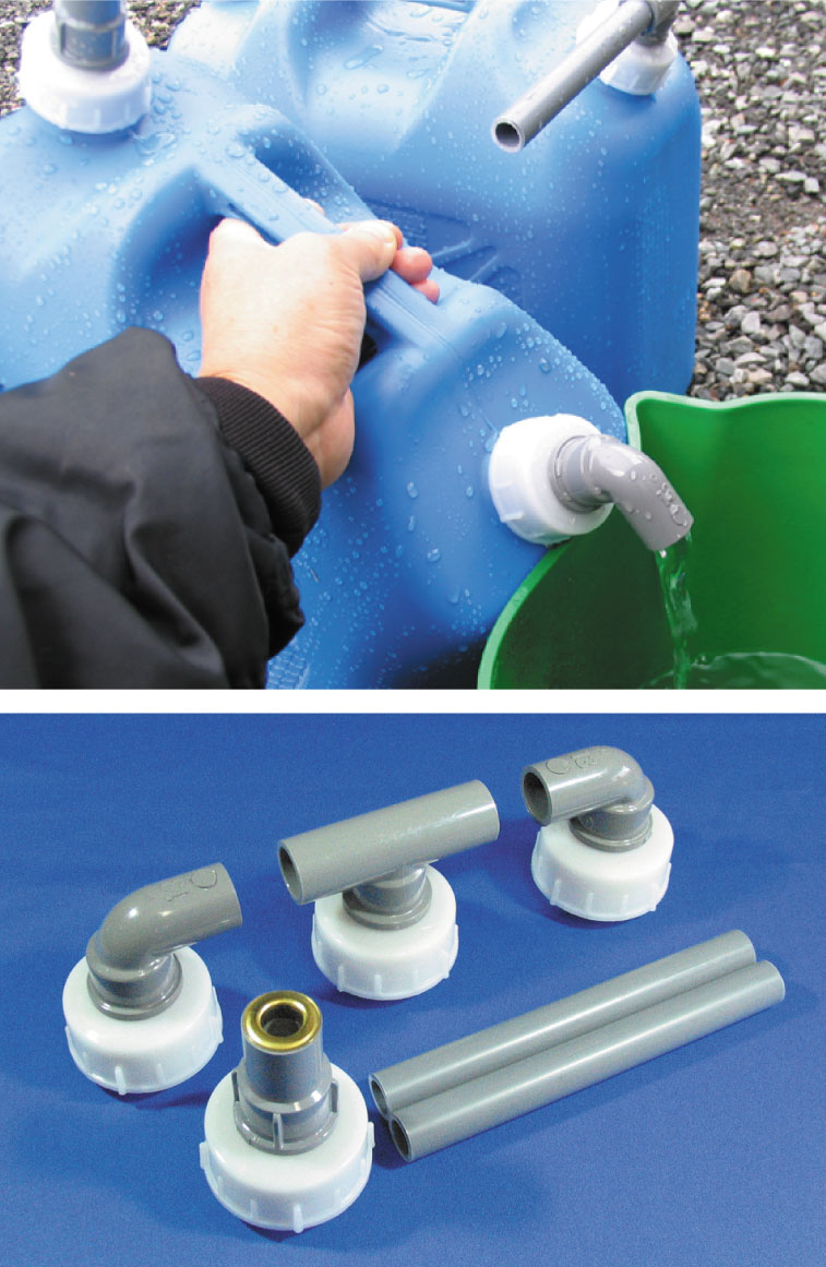 自社製造の雨葉ネット用ポリタンク連結キット（２連・３連）　※写真のポリタンクはプラテック㈱　18ℓ灯油缶