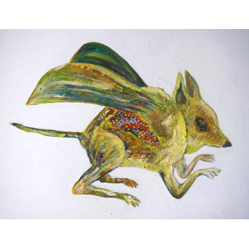 Artist: Roger Hose | "Two Winged Dunnart that Swallowed an Aboriginal Painting" | 2008 |Oil on Canvas | H:400 x W:500mm | Price: $300.00