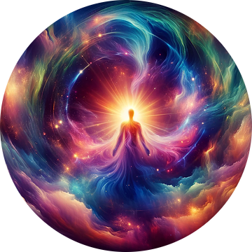 Figur mit Lichtschein hinter Kopf in der Mitte von bunten Farben