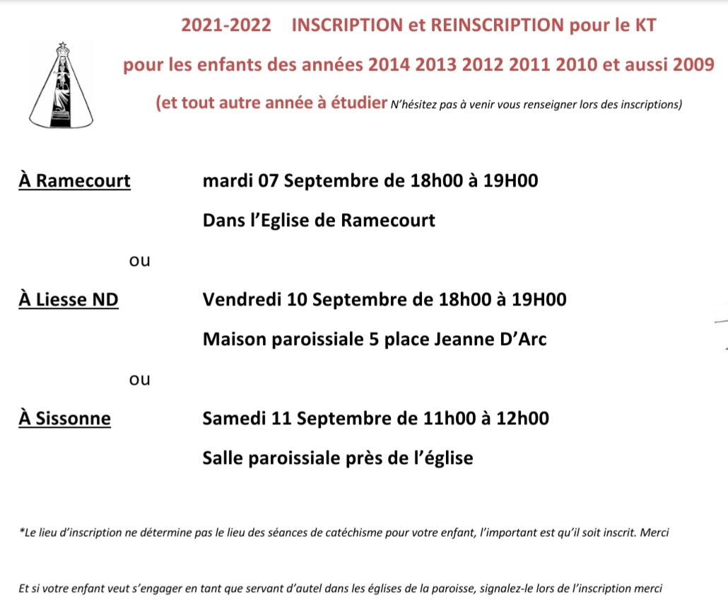 Dates pour les inscriptions à la catéchèse - début septembre