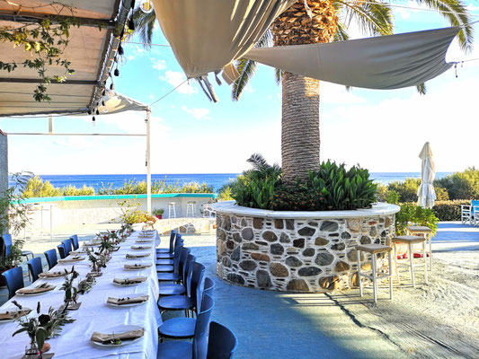 decorated birthday table at the Pearl Cavo Beach Bar in Paleochora in south western Crete, Greece