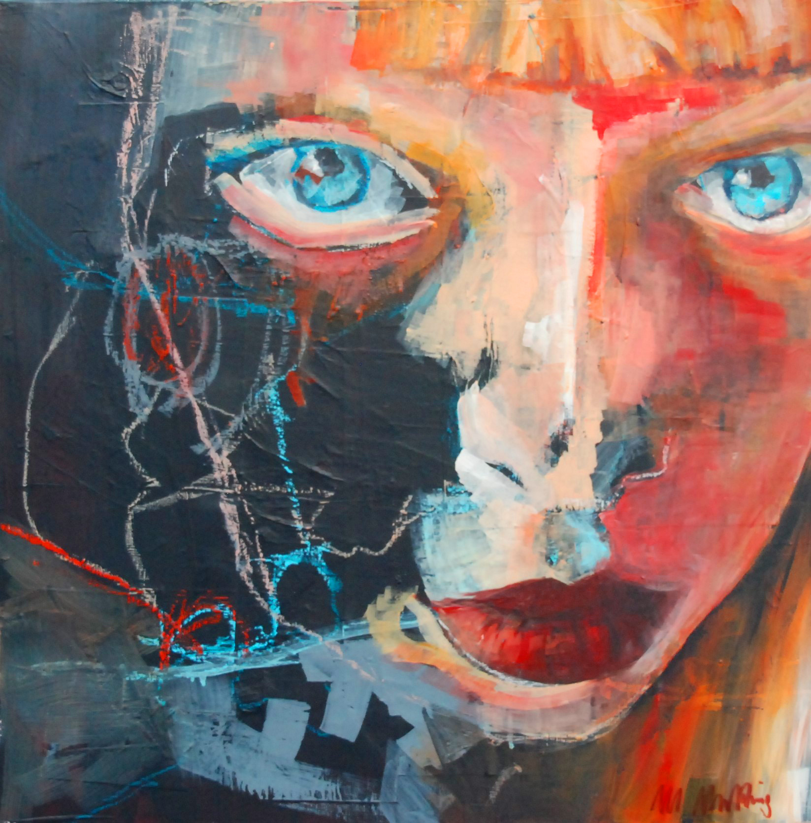 Figuratives Gemälde "ALEXA", Mixed Media auf Leinwand (60x60 cm). Porträtausschnitt mit leuchtend blauen Augen und orangen Farbakzenten.